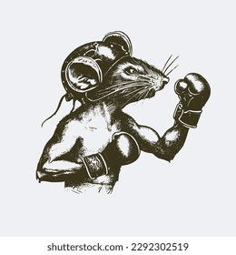 Vintage illustration of a rat doing muay thai. an old-school drawing of a martial art master mouse. Aesthetic retro logo of a rodent isolated on white background. vector logo.