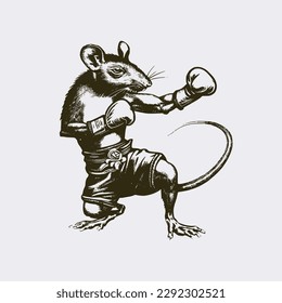 Vintage illustration of a rat doing muay thai. an old-school drawing of a martial art master mouse. Aesthetic retro logo of a rodent isolated on white background. vector logo.