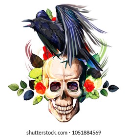 Vintage illustration of raven on skull with flowers roses background. Hand drawn, vector - stock.