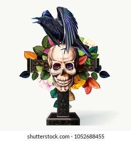 Vintage illustration of raven on skull with cross, flowers roses, leaves behind. Hand drawn, vector - stock.