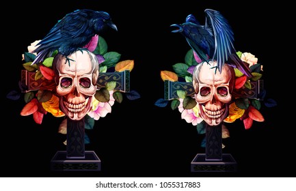 Vintage illustration of raven on skull with cross, flowers roses, leaves behind. Set of two. Hand drawn, vector - stock.
