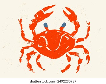 Vintage illustration of red crab in block print style. Retro illustration of crab for seafood shop.