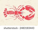 Vintage illustration of red lobster in block print style. Retro illustration of lobster for seafood shop.