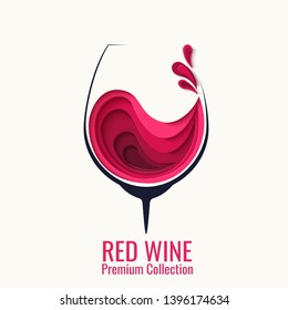 Vintage illustration of red wine splash in glass. Alcohol concept design for celebration banner, poster, flyer. Vector paper cut style illustration. Paper craft background. Abstract restaurant menu