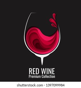 Vintage illustration of red wine splash in glass on black background. Alcohol concept design for celebration banner, poster, flyer. Vector paper cut illustration. Paper craft abstract restaurant menu