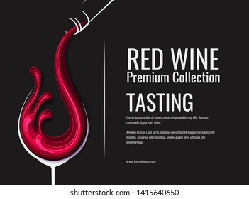 Vintage Illustration Of Red Wine Splash In Wine Glass With Bottle On Black Background. Alcohol Concept Design For Winery Banner. Vector Paper Cut Style Illustration. Abstract Restaurant Menu Template