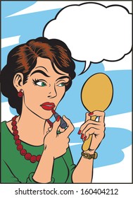 Vintage illustration of retro looking woman who is putting make up and with golden mirror in her hand. 