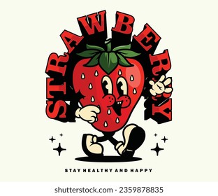 Vintage illustration Retro Poster cartoon character of strawberry Graphic Design for T shirt Street Wear and Urban Style