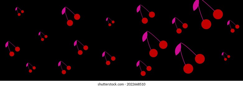 Vintage Illustration Retro Print Vitamin Cherries Bright Textile Ornament. Colorful Pink Berries Tasty Black Pattern Fruit Background. Dark Design Red Sweet Summer Repeat Cute Dessert Illustration.