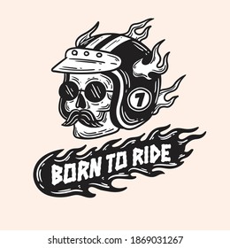 vintage illustration rider skull in burning helmet on Black And White