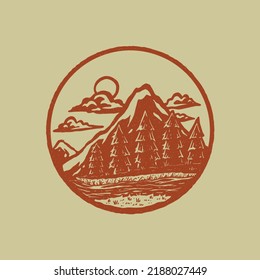 Vintage illustration of river in the forest stamp