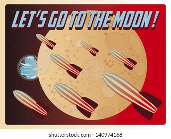 A vintage illustration with rockets flying over the Moon with planet Earth in the back. 