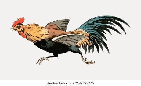 Vintage illustration of a rooster with vibrant feathers. The rooster is depicted mid-stride, showcasing its colorful plumage and dynamic pose. Vintage bird illustration vector.