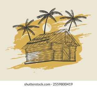 Vintage illustration of a rustic wooden hut surrounded by swaying palm trees, with a warm, textured backdrop and a serene tropical vibe.