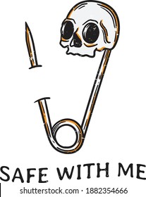 vintage illustration safety pin with the head of the skull stuck in