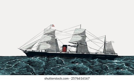 Vintage illustration of a sailing ship on the ocean. The ship sails through waves, showcasing its sails and masts. Classic maritime art of a sailing ship. Vintage nature illustration isolated, vector.