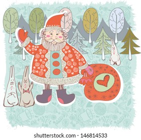 Vintage illustration with Santa, bunnies, trees and floral background.