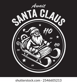Vintage illustration of Santa Claus riding a flying train for clothing and logo design needs