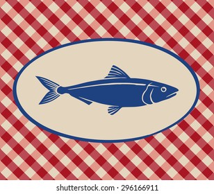 Vintage illustration of sardine over Italian tablecloth background