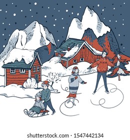 Vintage Сhristmas illustration in scandinavian style of winter red houses covered with snow, people sledding, ice skating on a rink. Snow outdoor activities, enjoying winter holidays