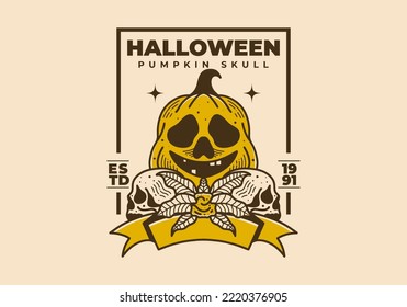 Vintage illustration of Scary Halloween pumpkin and skull
