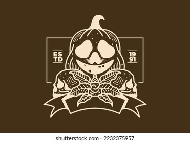 Vintage illustration of Scary Halloween pumpkin and skull