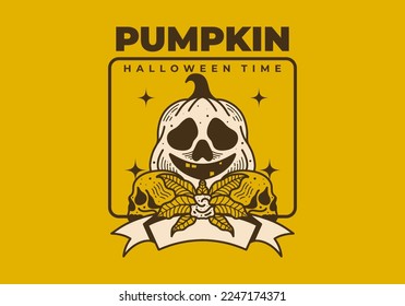 Vintage illustration of Scary Halloween pumpkin and skull