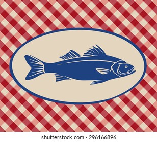 Vintage illustration of sea bass over Italian tablecloth background