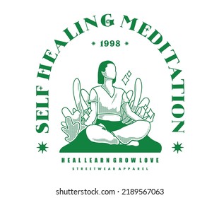 Vintage illustration of self healing meditation t shirt design, vector graphic, typographic poster or tshirts street wear and Urban style