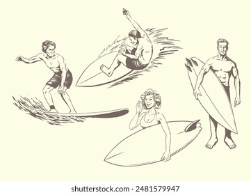 Vintage Illustration Set of Man and Women Surfer