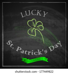 vintage illustration with shamrock and green ribbon on blackboard background. Lucky st. Patrick's day