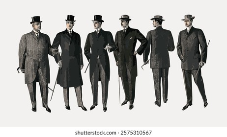 Vintage illustration of six men in formal suits and top hats, showcasing early 20th-century fashion. Elegant suits, top hats, and formal attire. Vintage illustration isolated on white, vector.