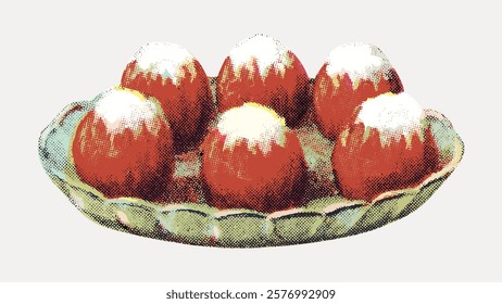 Vintage illustration of six red apples with white tops on a decorative plate. Apples are arranged neatly. Apples and plate create a classic, nostalgic feel. Vintage illustration isolated, vector.