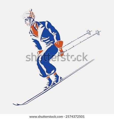 Vintage illustration of a skier in motion, wearing a winter outfit. The skier is depicted in a dynamic pose, emphasizing the action of skiing downhill.