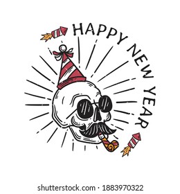 
vintage illustration skull with attribute happy new year