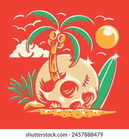 Vintage illustration of skull with coconut tree and surf board on the beach . Summer season concept.