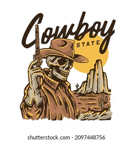 a vintage illustration of skull cowboy holding gun