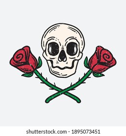 vintage illustration of a skull with crossed rose flowers
