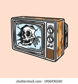 vintage illustration of skull emerged from the television