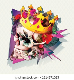 Vintage illustration of skull with flowers and crown on white. Isolated object. Hand drawn, vector - stock.