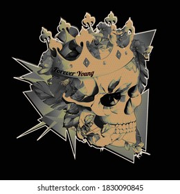 Vintage illustration of skull with flowers and crown on black. Isolated object. Hand drawn, vector - stock.