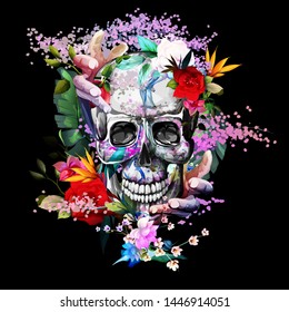 Vintage illustration of skull with flowers and hands on black. Hand drawn, vector - stock. 