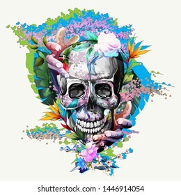 Vintage illustration of skull with flowers and hands on white. Hand drawn, vector - stock.