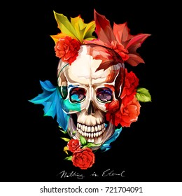 Vintage illustration of skull with flowers on black. Hand drawn, vector -stock.