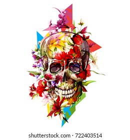 Vintage illustration of skull with flowers on white. Hand drawn, vector - stock.