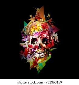 Vintage illustration of skull with flowers on black. Hand drawn, vector - stock.