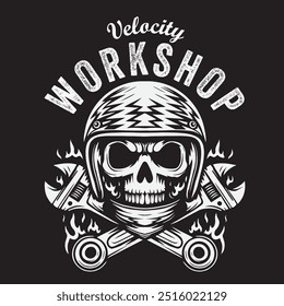 Vintage illustration of skull head with helmet and wrench for logo and clothing design needs