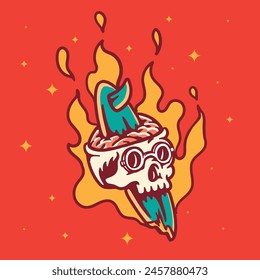Vintage Illustration of skull impaled by surfboard and burning in summer. Summer time concept. Hand drawn style