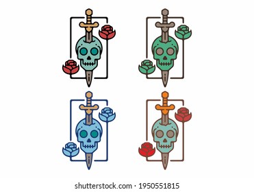 Vintage illustration of skull and sword with rose design