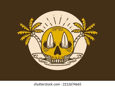 Vintage illustration of a skull with two surfboard and two coconut tree